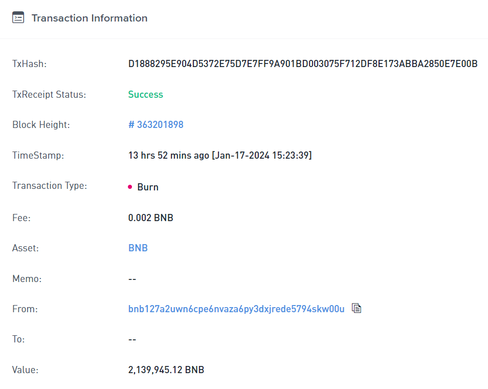 Transaction du 26e burn trimestriel de BNB