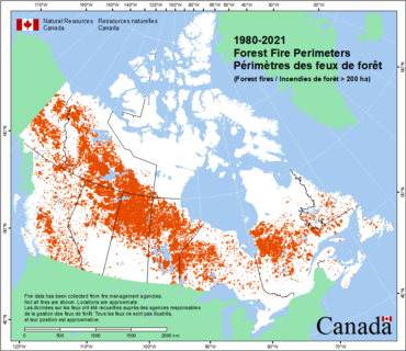 Map depicting Forest Fire Perimeters from 1980-2021