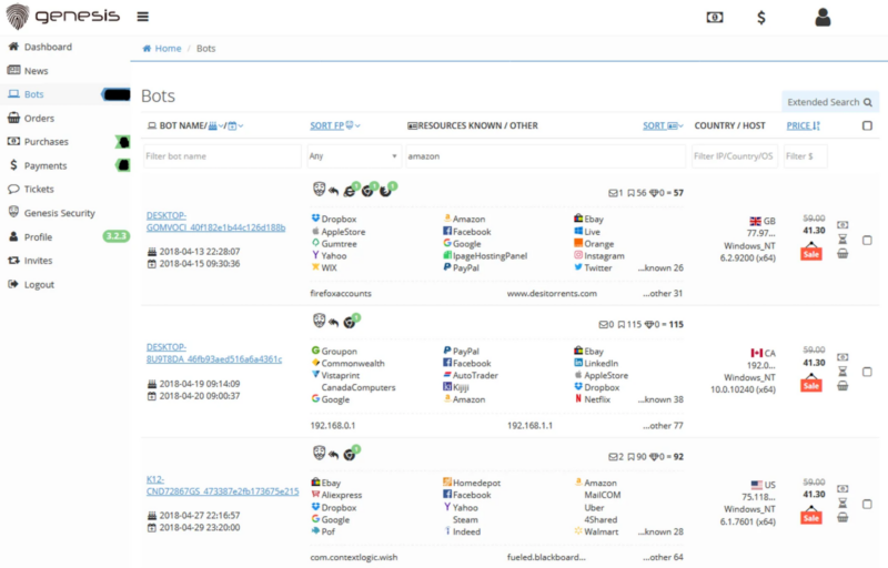 A page on the former Genesis Market showing bots (i.e., victims’ profiles) for sale.